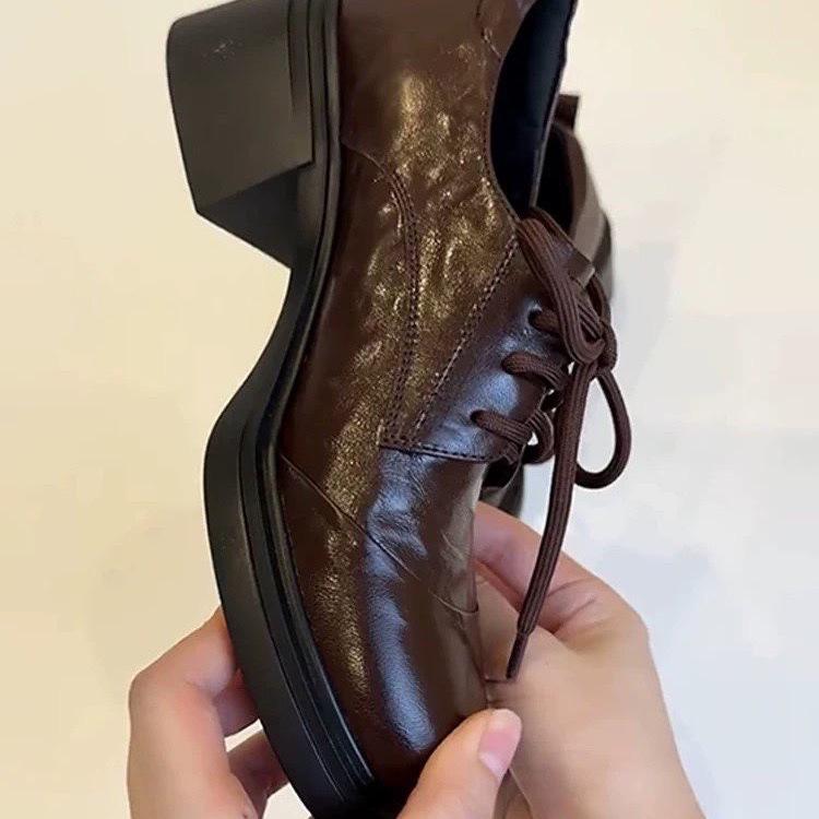 British retro style round head lace-up loafers 2025 autumn and winter new commuting versatile thick heel small leather shoes women's single shoes