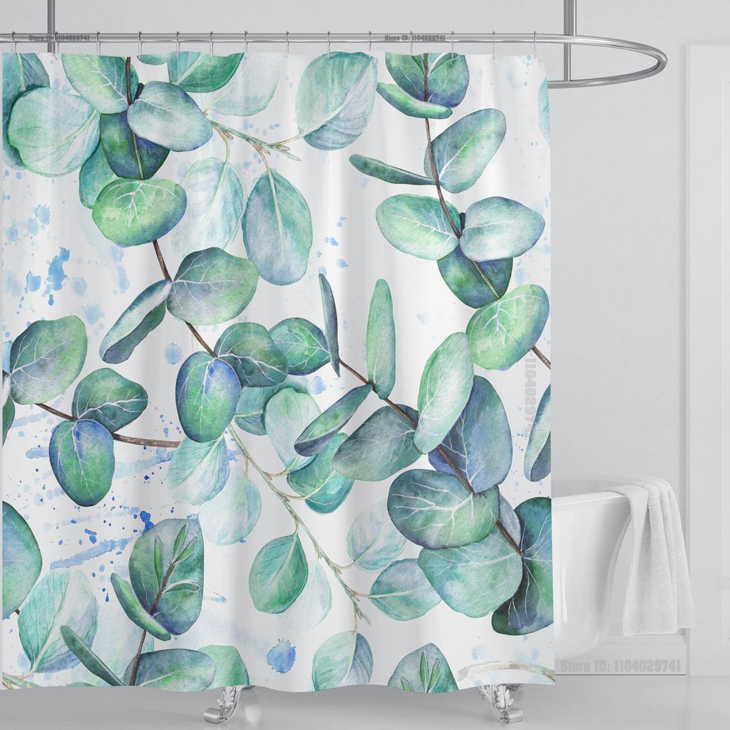 Watercolor Leaves on The Top Plant with Floral Bathroom Greenery Leaf Decoration Watercolor Botanical Shower Curtain with Hooks