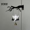 Haunted House Decor Halloween Ghost Swing Bat WELCOME Wind Chime, Bell Door Decoration with Vintage Copper Rustic Metal Bells, Wooden Hanging Ornament