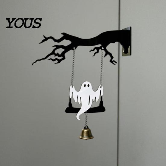 Haunted House Decor Halloween Ghost Swing Bat WELCOME Wind Chime, Bell Door Decoration with Vintage Copper Rustic Metal Bells, Wooden Hanging Ornament