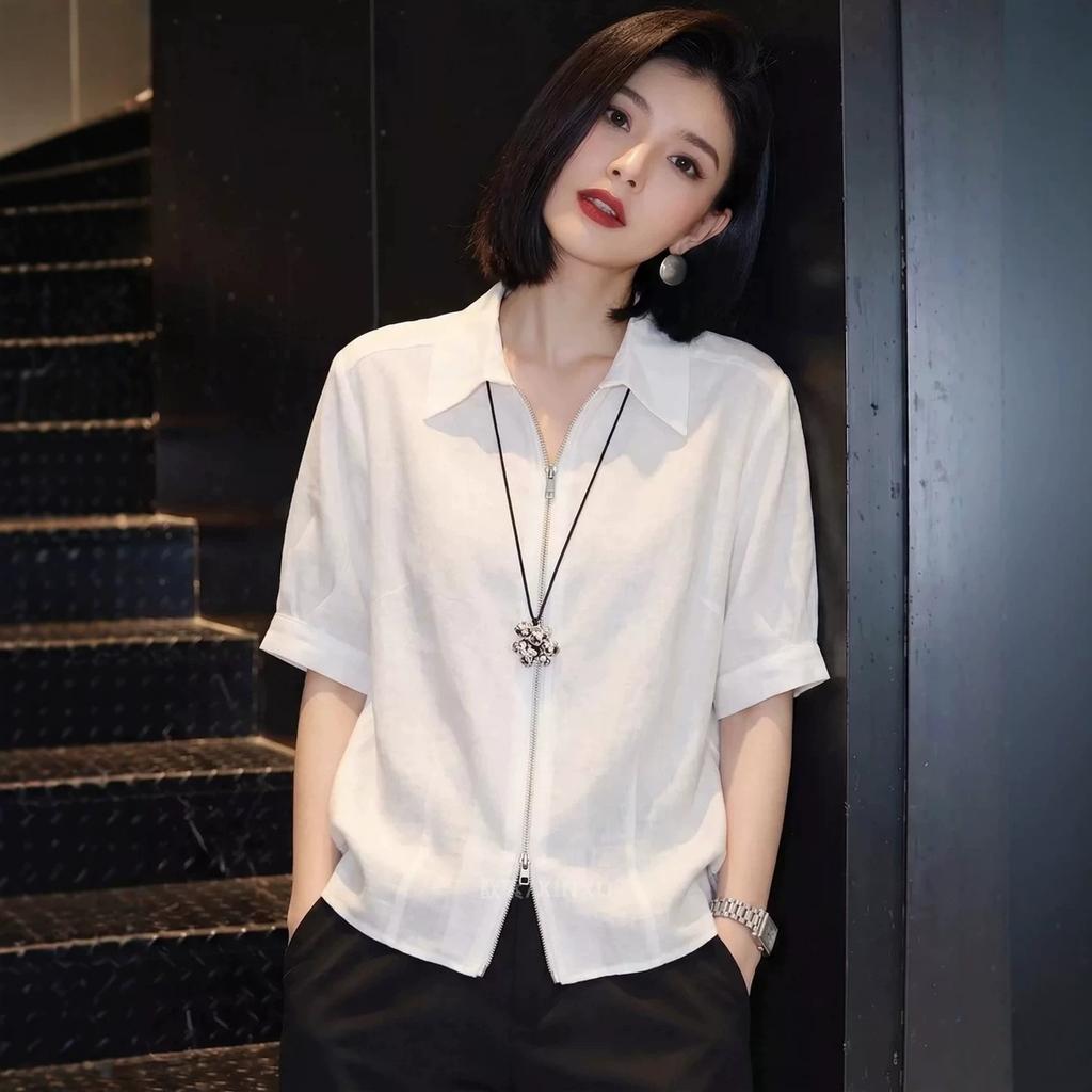 Summer new light luxury short-sleeved shirt lapel zipper design sense commuting versatile and thin coat female A