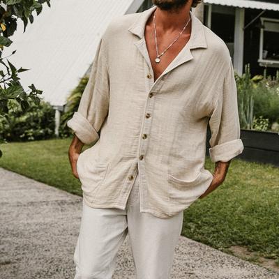 Camicia da uomo a tinta unita a maniche lunghe, stile pigro, con bottoni, in cotone e lino per la spiaggia