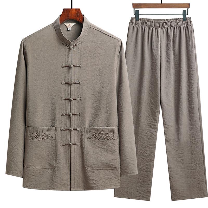 Men's Chinese Style Tang Suit Set – Long Sleeve for Elderly (Spring/Fall) & Short Sleeve for Middle-Aged Dads (Summer).