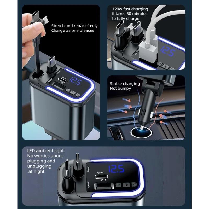180W Retractable Car Charger 5-IN-1 Bluetooth Car Kit FM Transmitter Fast Phone Charger Handsfree Call U-disk Aux with LED Light