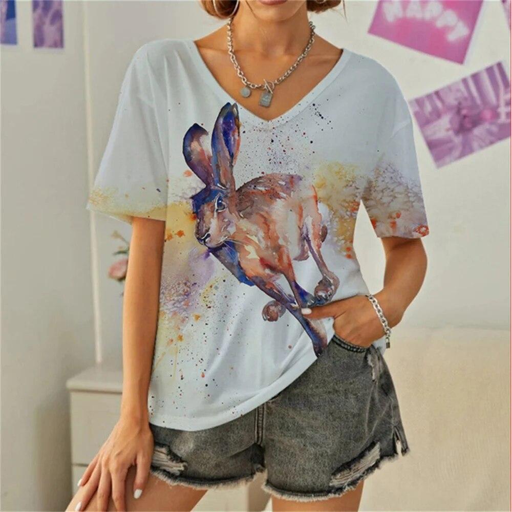 Everyday Versatile Little White Rabbit 3D Print Casual Women T Shirt 2023 Summer Cartoon Short Sleeved Fashion Loose Ladies Top