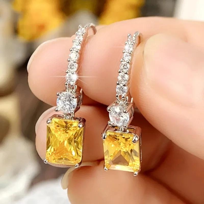 New Simple And Elegant Square Cubic Zirconia Earrings Bling Yellow Cz Dangle  Luxury Women Wedding Engagement Jewelry