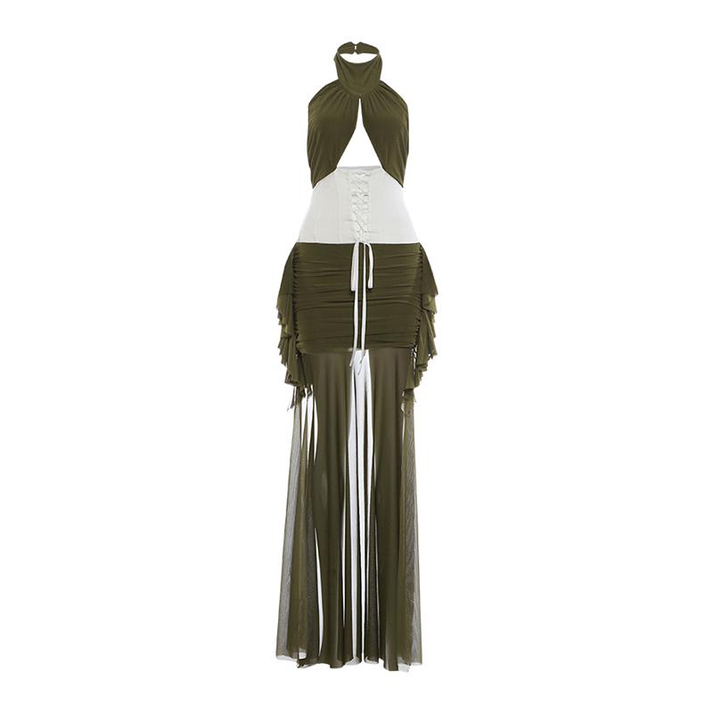 Kliou Color Blocking Long Dress Woman Halter Hollow Backless Mesh Ruffles Tassel Decoration Midnight Prom Party Elegant Vestidos