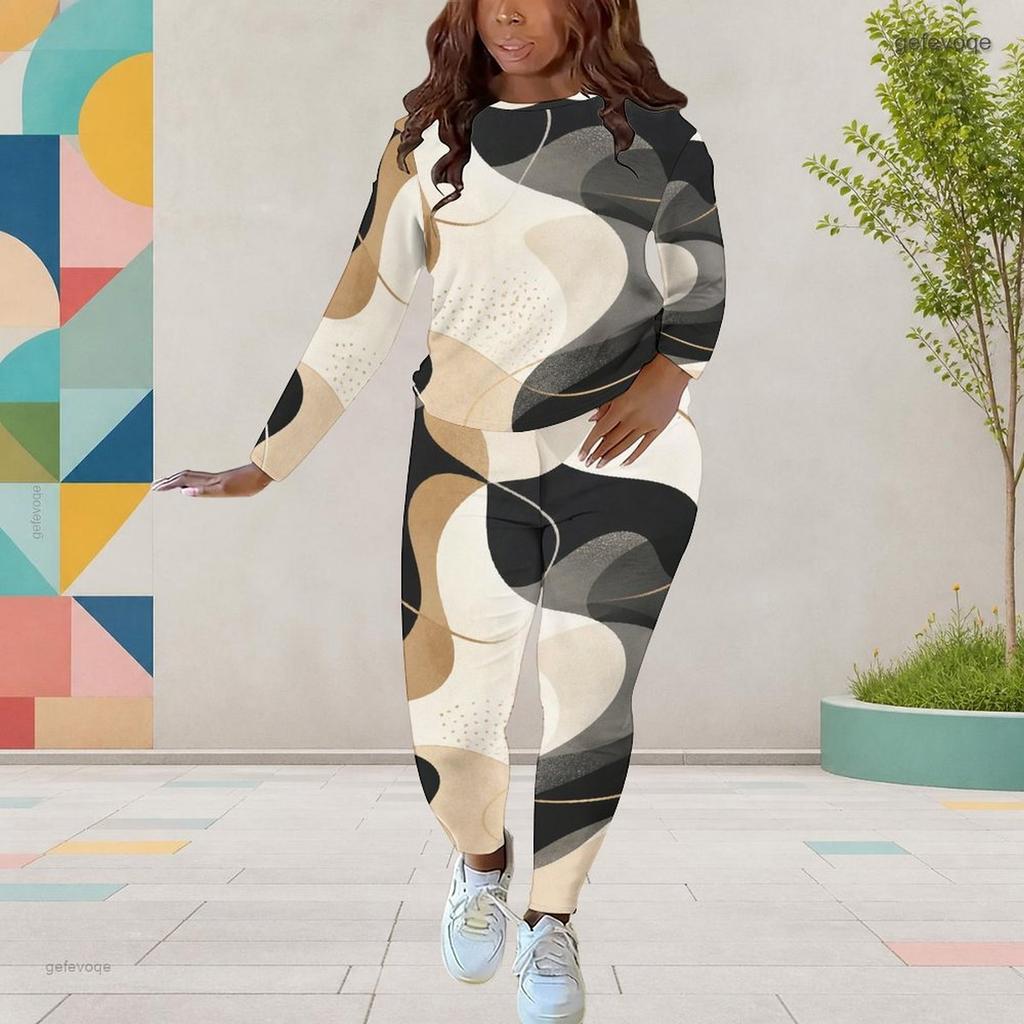 Women Plus Size Round Neck Long Sleeve Printed Top And Fitted Pants Two Piece Set