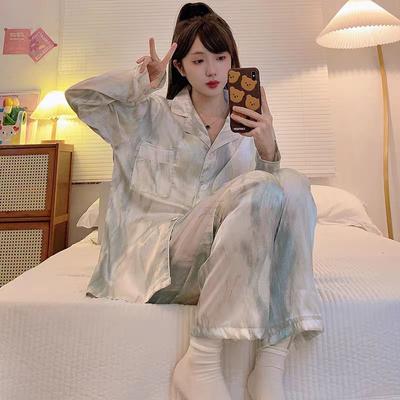 Chinesische Tuschemalerei Gedruckte Hausbekleidung Sommer Eis-Seide Langarm Pyjama Set