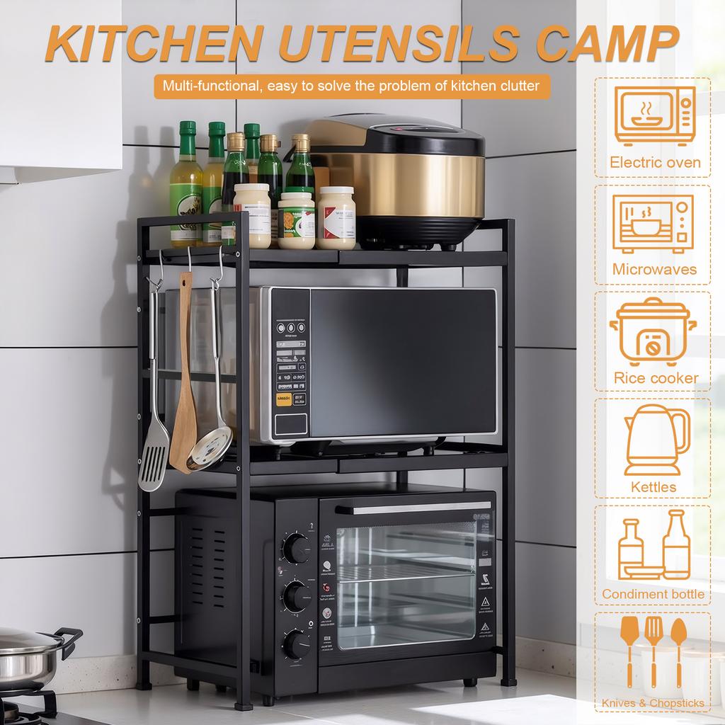 2 Tier Microwave Oven Rack Expandable Microwave Stand Countertop Kitchen Utensils Tableware Storage Shelf Countertop with Hooks