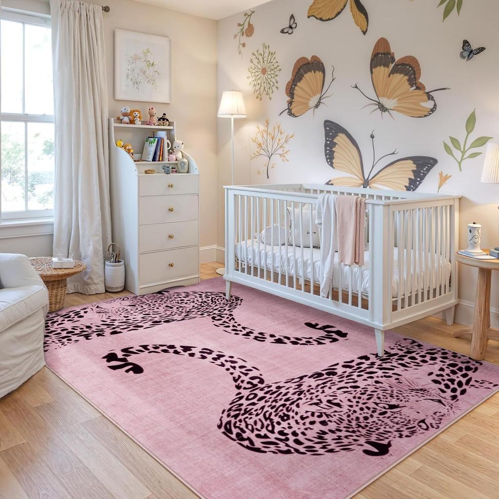Minimalist Leopard Silhouette Themed Rug,Anti-Slip Mat with Blush Pink Base Living Room Bedroom,Chic Exotic Decorative Carpet