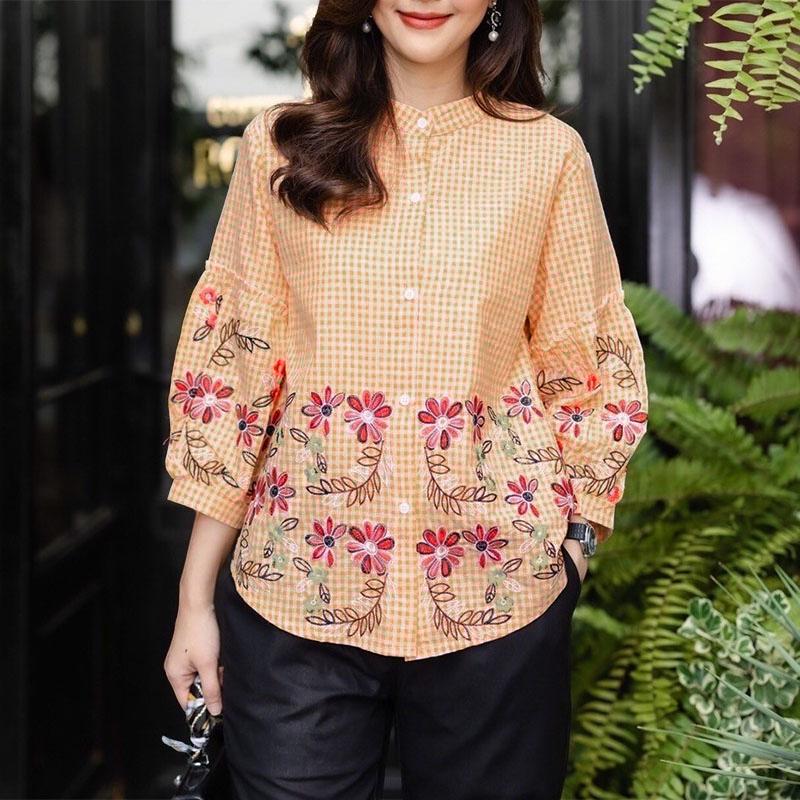 ZANZEA Women Casual Stand Neck Loose Plaid Print 3/4 Sleeve Blouse