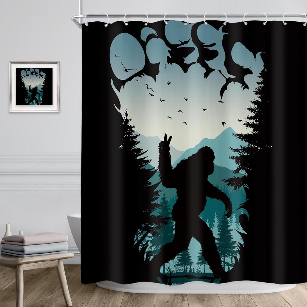 Bigfoot Shower Curtain Silhouette Mountain Forest Night Scene Rock Sign Nature Art Gothic Design Bath Decor Waterproof Fabric