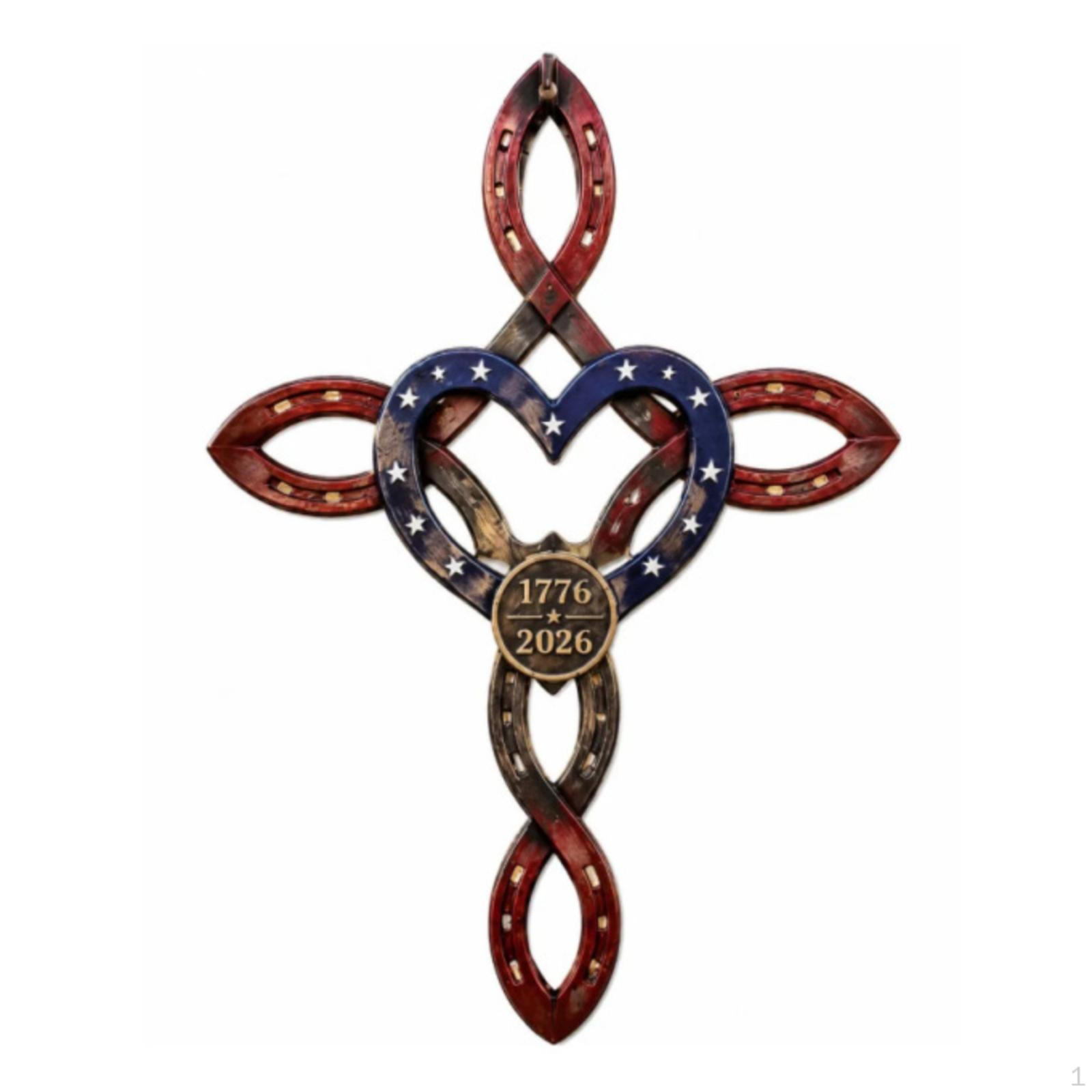 Heart Curved Metal Piece Wall Decor Multicolor Cross Shaped Ornament Weathered Finish Rustic