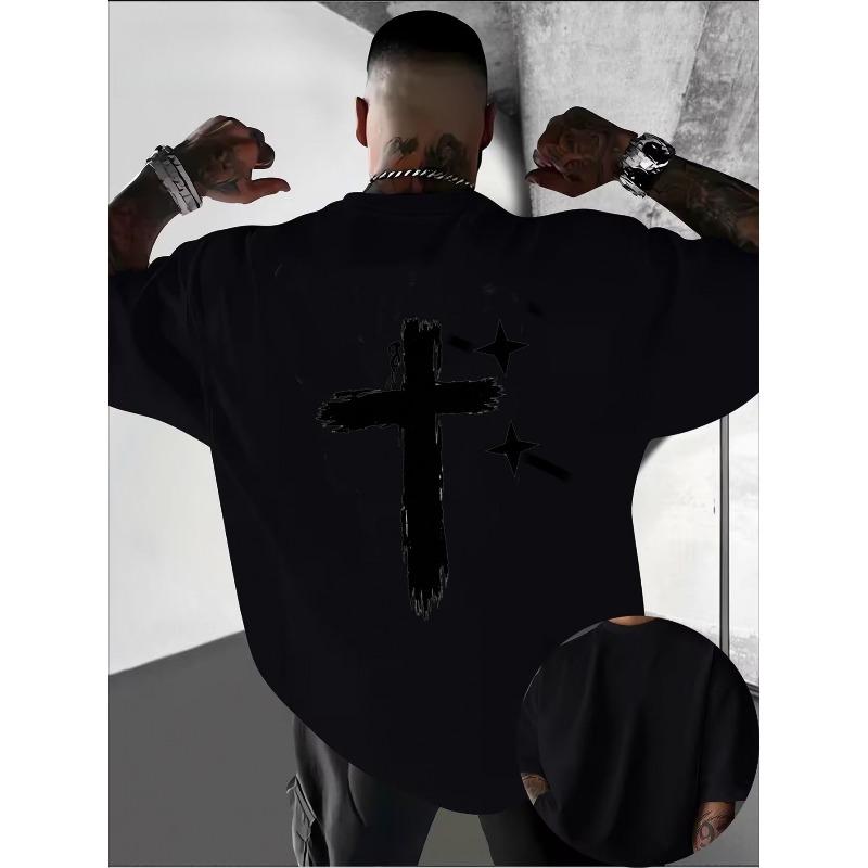 Men's Printed T-Shirt, Street Style with Cross and Star Pattern, Suitable for Daily Wear and Hiking, Machine Washable Spring Fashion Style