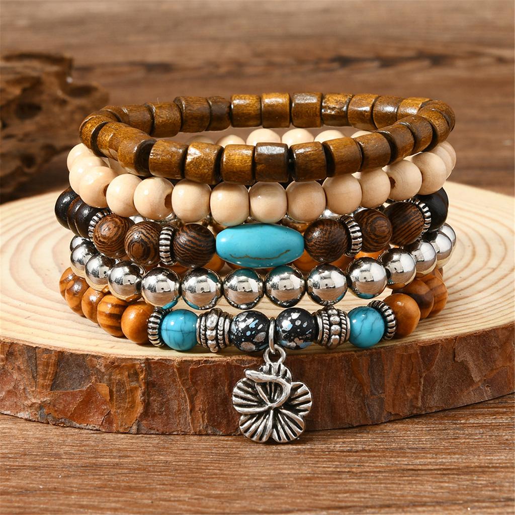 Lightweight Wooden Bead And Turquoise Handmade Bracelet For Casual Wear Bohemian Accessory for Women Girls