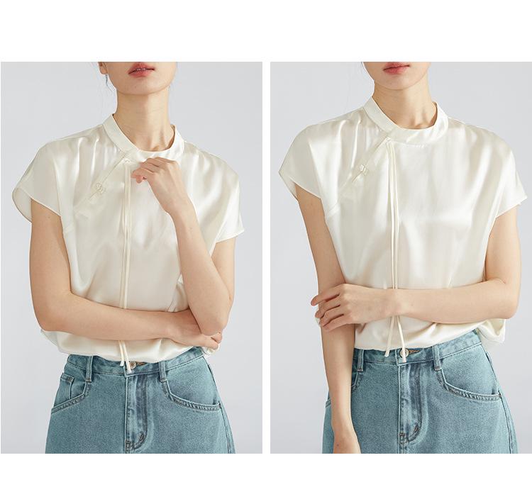 Chinese Style Silk Satin Mandarin Collar Blouse - Women's Summer Tie-Up Raglan Sleeve Top
