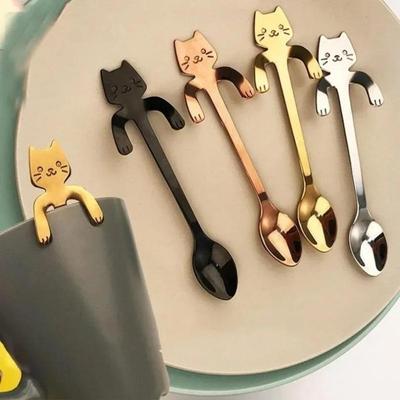 Cute Cat Spoon Gold Sliver Long Handle Spoons Flatware Drinking Tools Kitchen Conveninece Items Household Accessories Tools