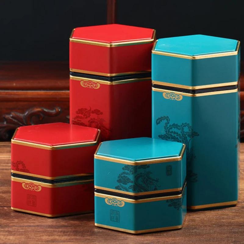 Kreativní šestihranná plechová dóza na čaj Čínský pocínovaný zásobník na čaj Malá uzavřená přenosná krabička na čaj Prázdná dóza Příslušenství k čajové soupravě
