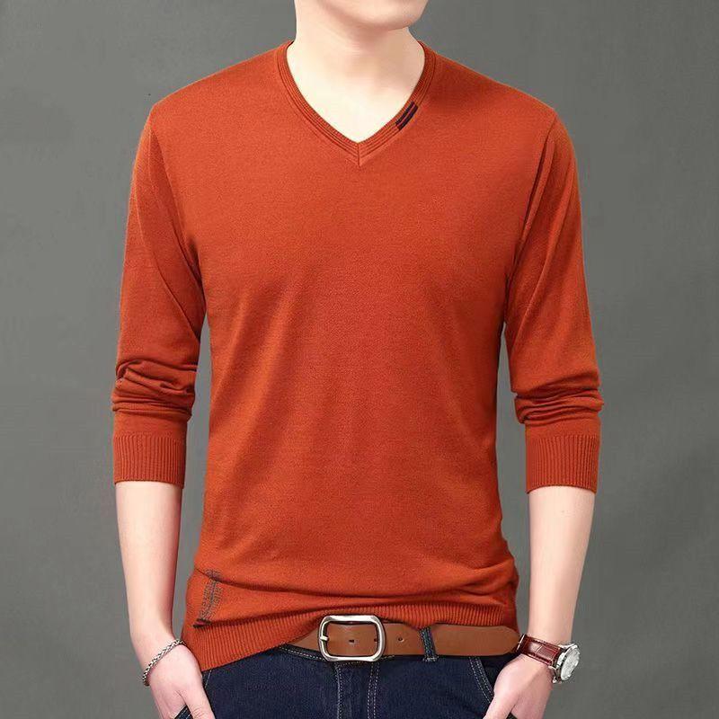 2023 New Spring and Autumn Thin Simple Casual Thread V-neck Long Sleeve Solid Oversized Men's Knitted Underlay Pullover Sweater
