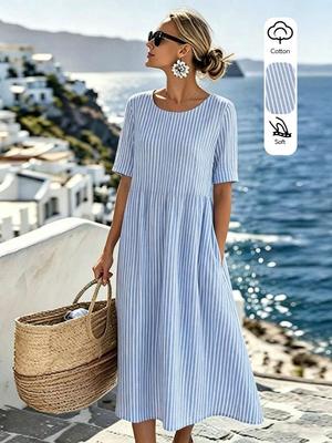 Blue-white Striped Casual Dress, Round Neck Short Sleeve, Linen Blend Fabric for Travel & Daily Commute