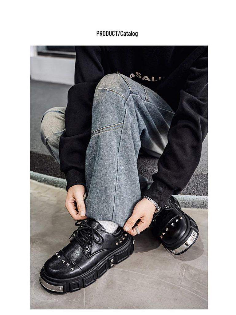 2025 Autumn Men's Black Derby Shoes - Korean Style Trendy Casual Leather with Height Increasing Thick Sole