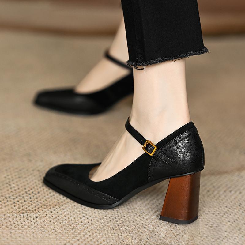 Spring and Summer Single Shoe Women's Patchwork Thick Heel Single Buckle Belt French Square Toe High Heels Anti Slip Shoes