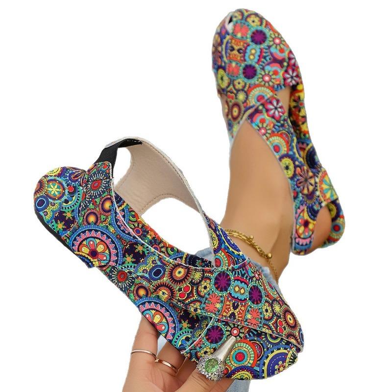 Large size flat-bottomed bag head sandals women's new breathable printed sandals