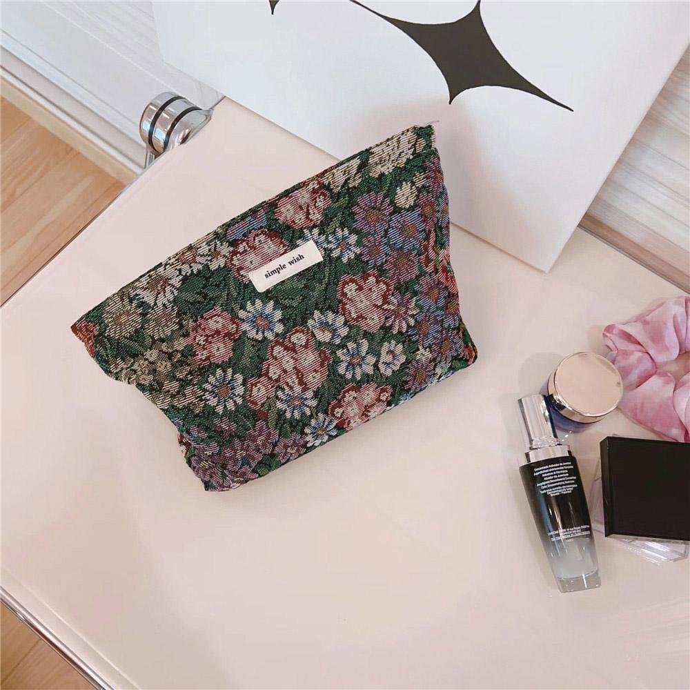 Cosmetic Bag Flower Pattern Canvas Makeup Bag Travel Toiletry Accessories Pouch Organizer