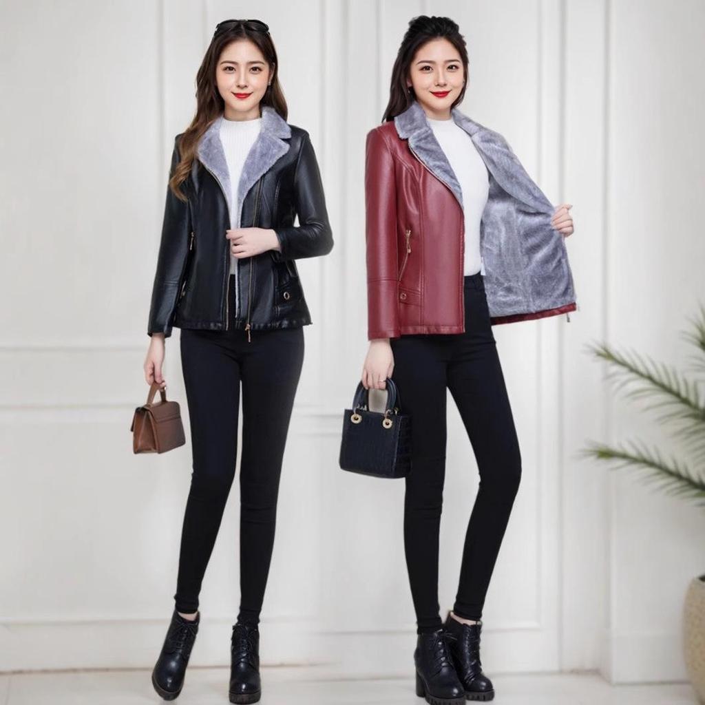2024 PU Leather Plus Size Velvet-Lined Jacket for Middle-Aged & Elderly Women
