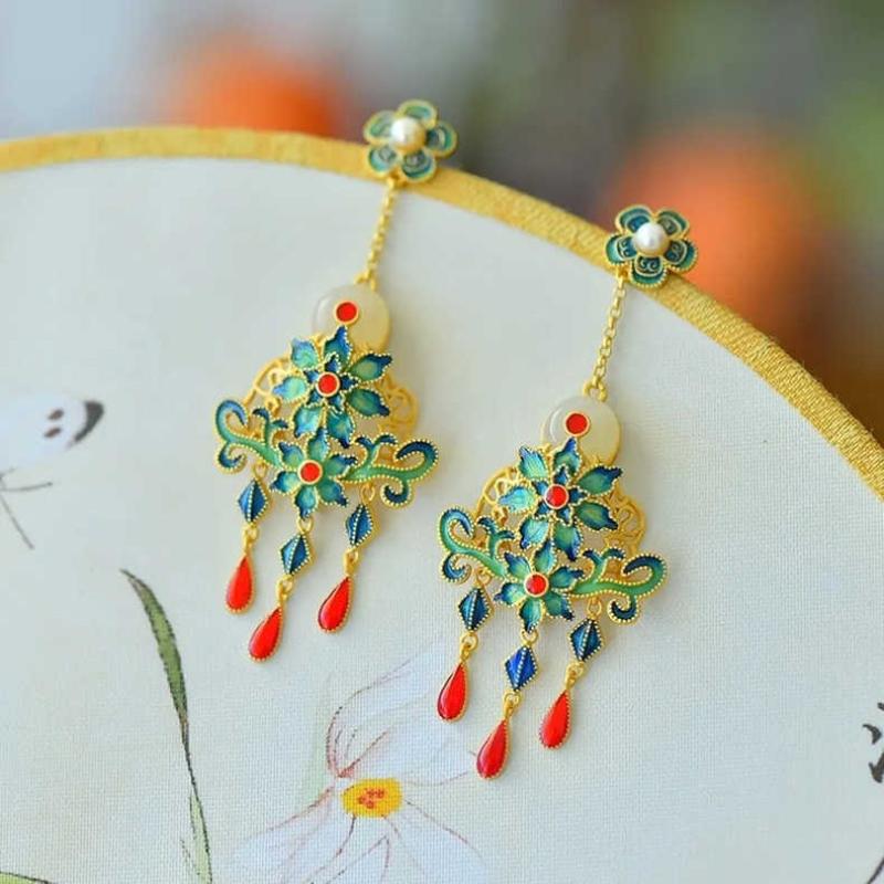 Natural An Jade Flower Enamel Tassel Earrings For Women Exquisite Retro Style Classical Cheongsam Hanfu  Accessories