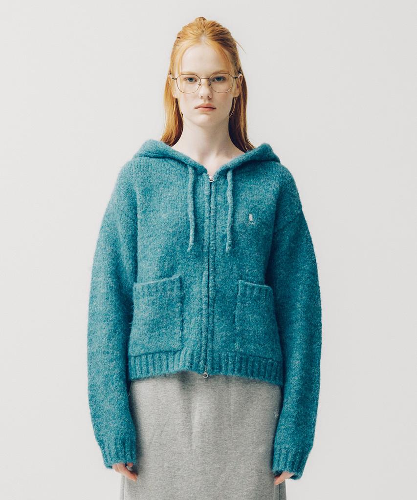 Felpa con cappuccio YALE da donna in maglia pelosa corta con zip_Blu