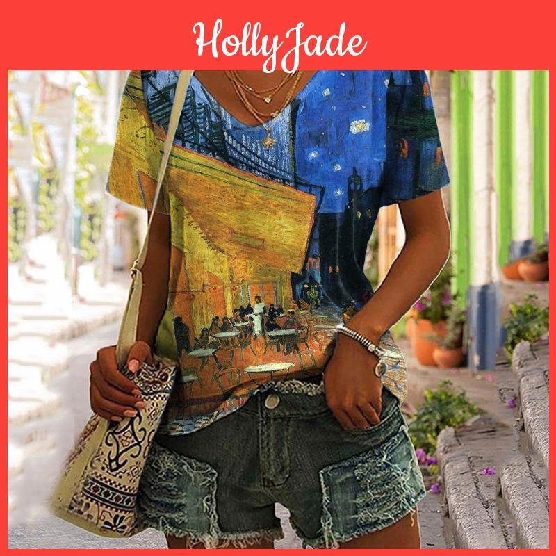 Van Gogh Oil Tshirts Painting Sunflower 3d Print Women Oversized Streetwear Vneck T Shirt Harajuku Y2k Tops Woman Tees Clothes