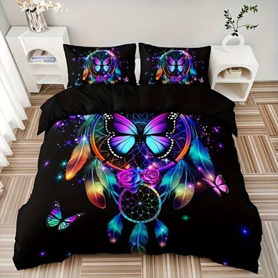 3 Stück Bunter Traumfänger Schmetterling 3D-Druck Bettwäsche-Set Gemütliche Bettbezug King Queen Twin Größe Geburtstagsgeschenk Schlafzimmerdekoration