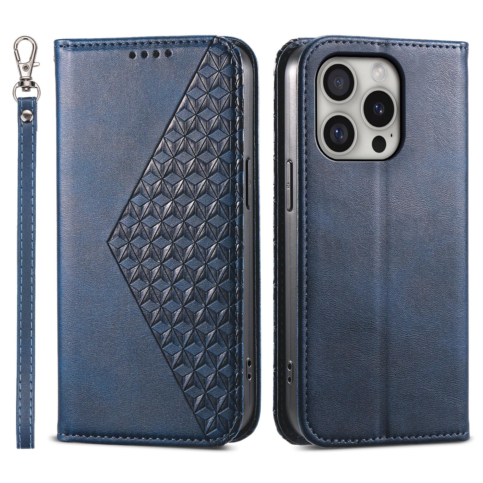 

For iPhone 16 Pro Wallet Phone Case Imprinted PU Leather Flip Cover Blue