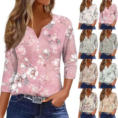 Women's T Shirt Tee Print Button  3/4 Sleeve  Daily Weekend Fashion Basic V- Neck Regular Top