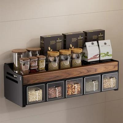 Duvara Monte Ahşap Mutfak Rafı, Baharat Şişesi Düzenleyici, Deliksiz Çok Fonksiyonlu Çıkarılabilir ve Yıkanabilir