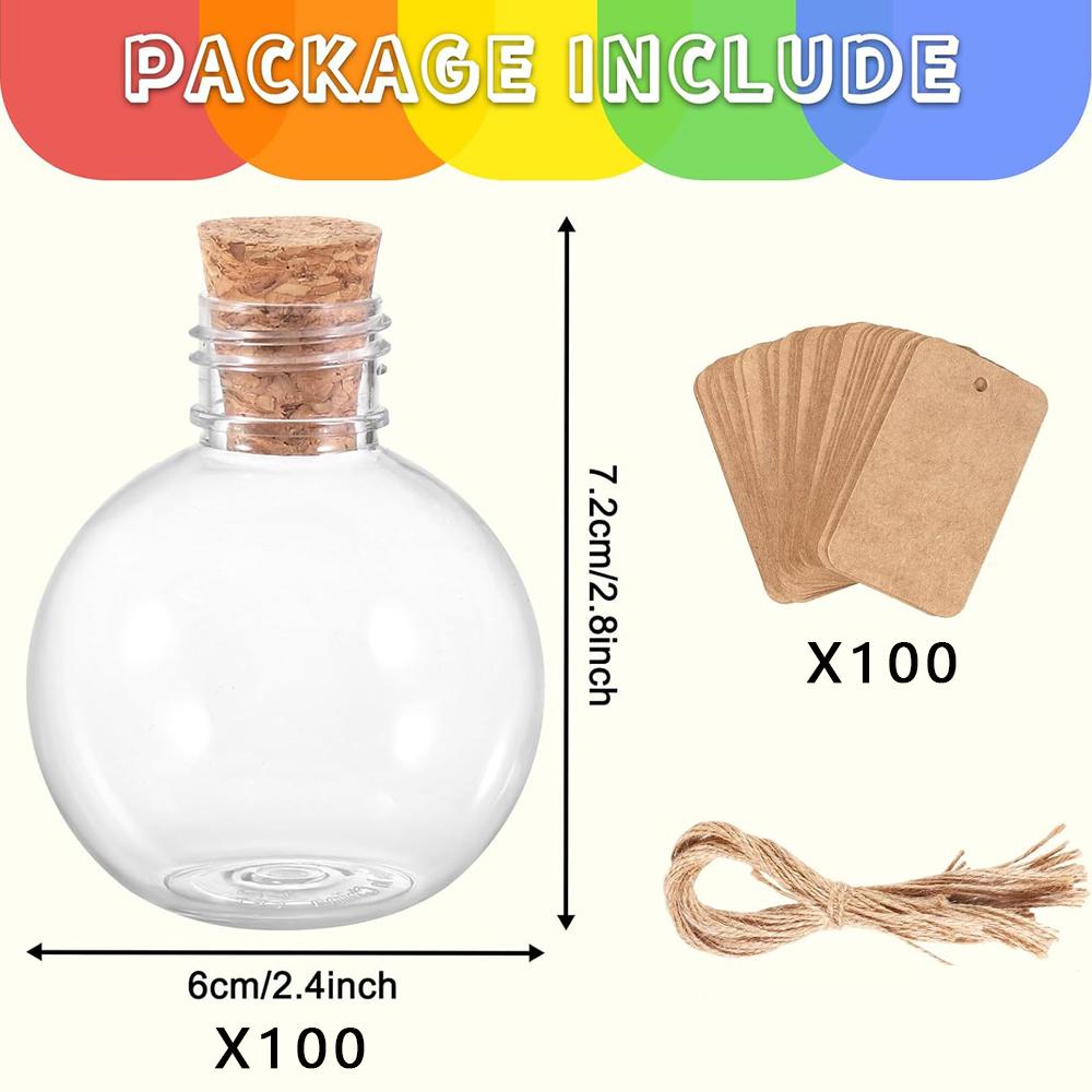Spherical Plastic Potion Bottles Ball Shape Round Bottles 3.4 Oz Sand Art Bottles with Corks and Tags Bottle Candy Jar