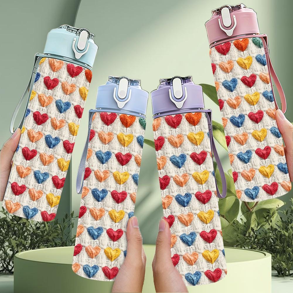 1PC Multicolor Heart Knitting Texture Print 750ml Color Plastic Sports Water Bottle Leakproof Flip Straw Lid Suitable for Sports Office Home Use