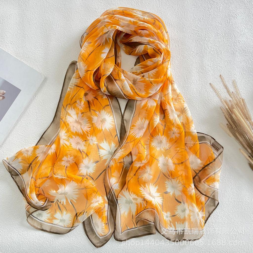 Neuer Sonnenschutz Langer Seidenschal Mohnblume Dünne Imitationsseide Frühling und Sommer Georgette Dekoration Damen Bedruckter Schal