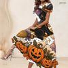 Women Plus Size Round Neck Short Sleeve Printed A Line Long Dress Halloween Raccoon Pumpkin Pattern