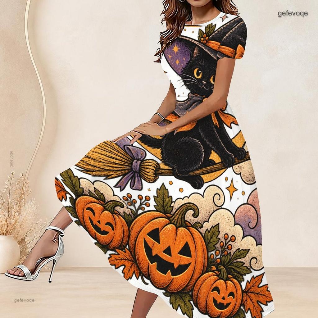 Women Plus Size Round Neck Short Sleeve Printed A Line Long Dress Halloween Raccoon Pumpkin Pattern