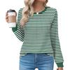 Women's Fashion Casual Striped Print Pleated Comfortable Round Neck Loose Long Sleeve T-shirt Top