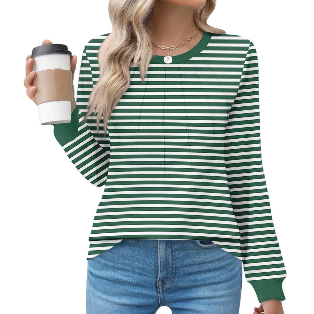 Women's Fashion Casual Striped Print Pleated Comfortable Round Neck Loose Long Sleeve T-shirt Top