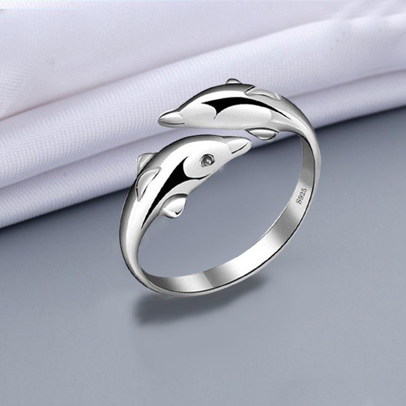 

New Popular Exquisite Animal 925 Sterling Silver Jewelry Creative Double Dolphin Female Opening Rings R289 One Size серебряный