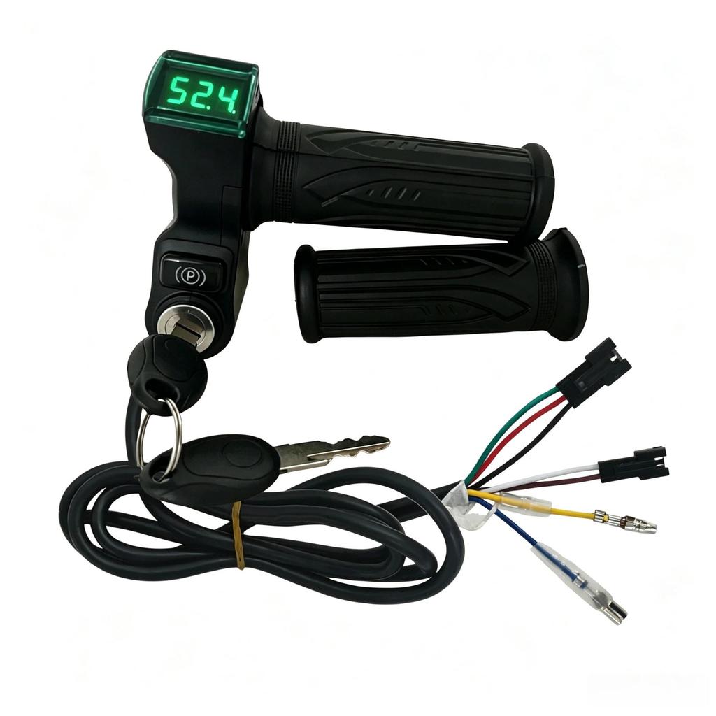 Grüner Lenkergriff-Schloss + Universeller Spannungsanzeige-Gasgriff für Elektroroller (12V-96V)