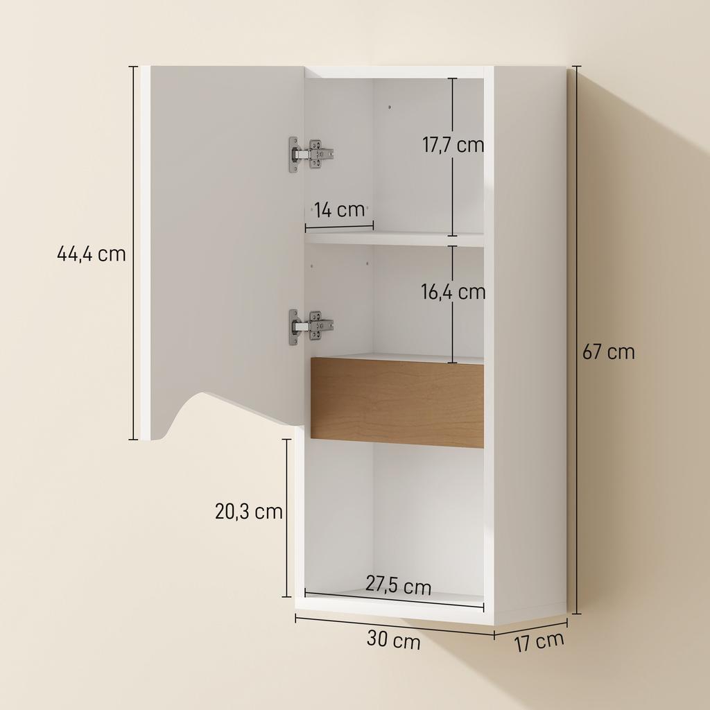 Bathroom cabinet, wall-mounted cabinet with soft-close door and open compartment, 30 x 17 x 67 cm, white