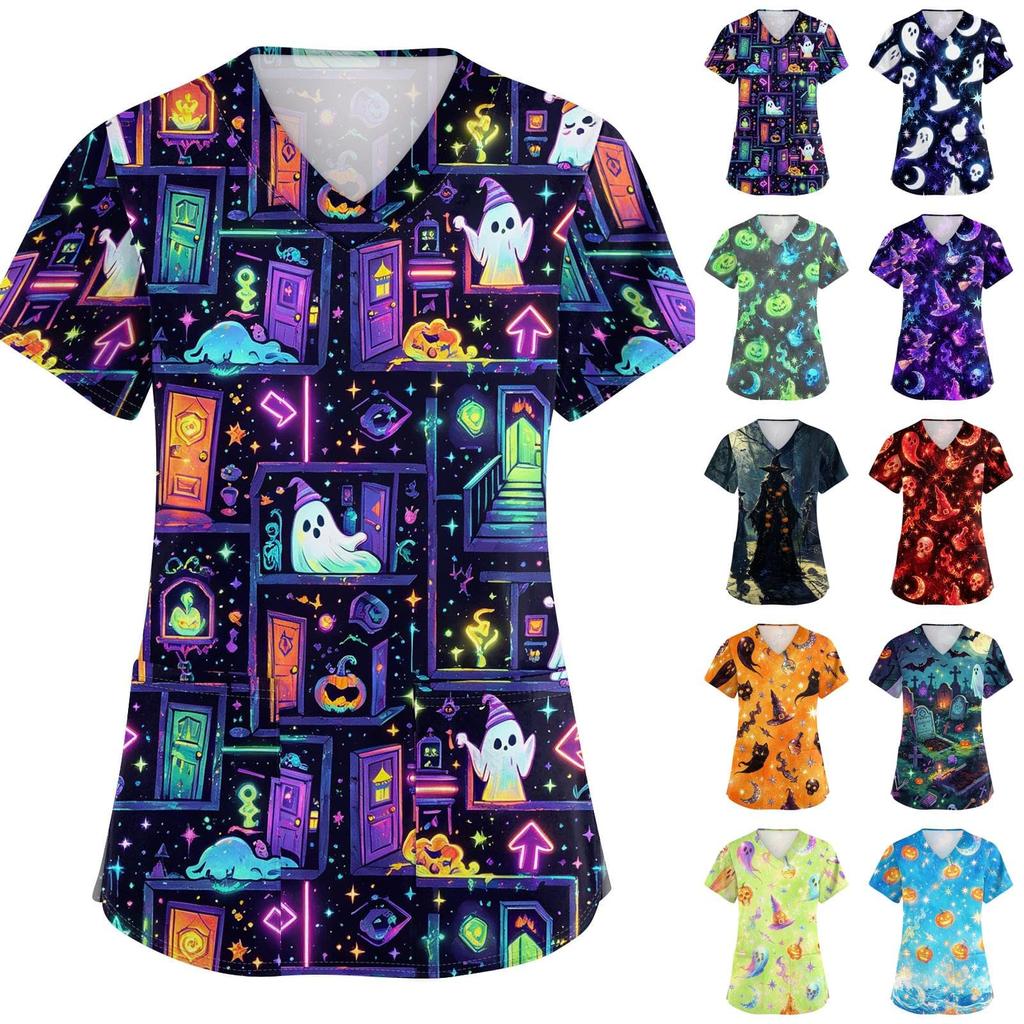 Women V Neck Short Sleeve Work Top with Pockets Halloween Print Scrub Shirt for Healthcare Professionals Uniform