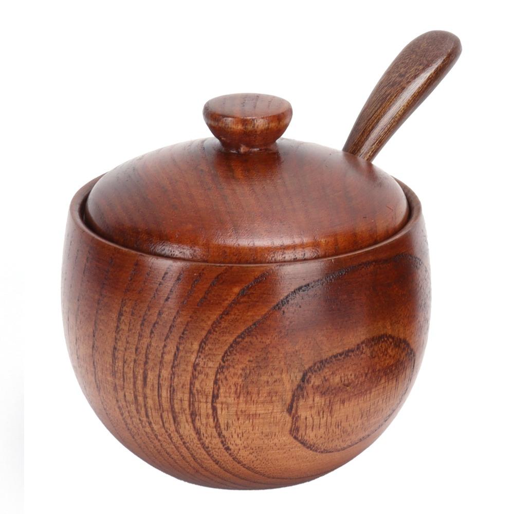 2Set Wooden Bowl Solid Wood Seasoning Jar Japanese with Lid and Spoon Sugar Bowl 2.4x3.5in Retro Seasoning Box Seasoning Storage