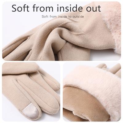 Guanti Caldi Autunno Inverno in Camoscio con Polsino Decorato in Peluche Spesso e Vellutato, Guanti da Esterno Antifreddo Touchscreen per Equitazione Sci